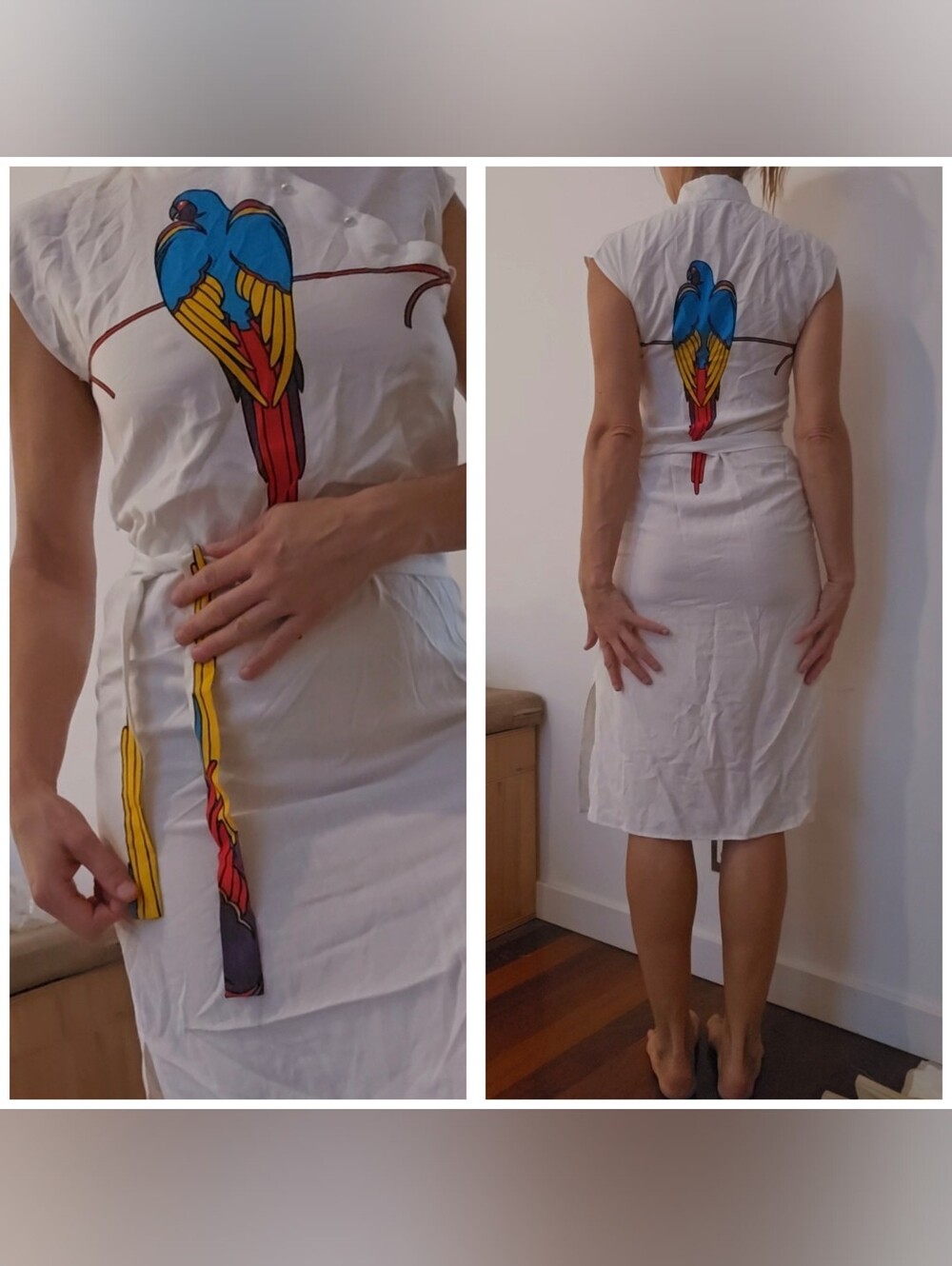 Stunning Hollywood Vintage Billy Jack Parrot Dress 2 Sided W Matching Sash Xs